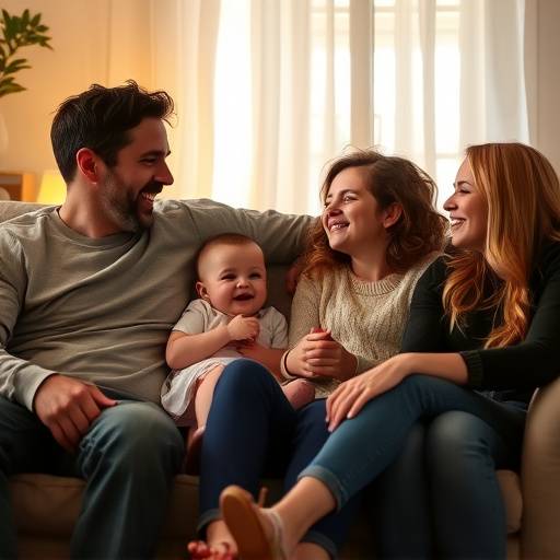 Een familie die samen op de bank zit en lachend naar de camera kijkt.