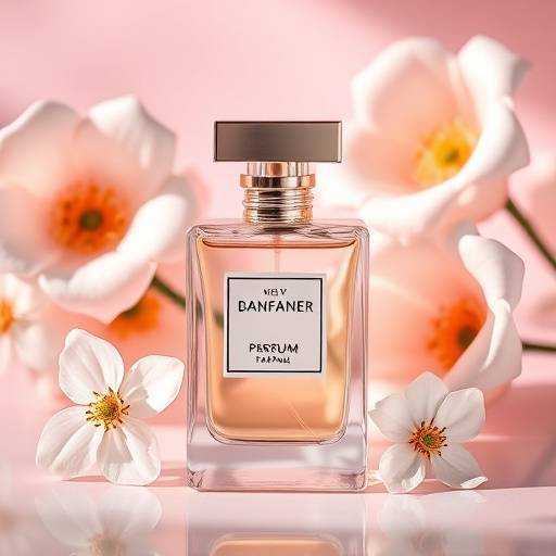 Een gestileerde foto van een fles parfum met bloemen en reflecties.
