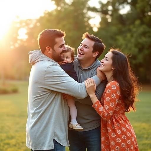 Een gezin dat lacht en knuffelt tijdens een fotoshoot in een park.