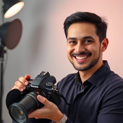 Een professionele fotograaf met een glimlach, kijkend naar een camera in een studio setting.