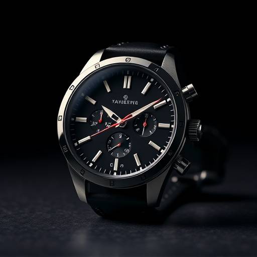 Een strakke productfoto van een luxe horloge op een donkere achtergrond.