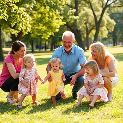 Gezinsfoto in een park, spelende kinderen en lachende ouders