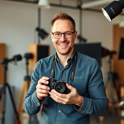 Jasper van Dijk, oprichter en hoofd-fotograaf bij Fotografie Geluk B.V., lachend terwijl hij een camera vasthoudt.