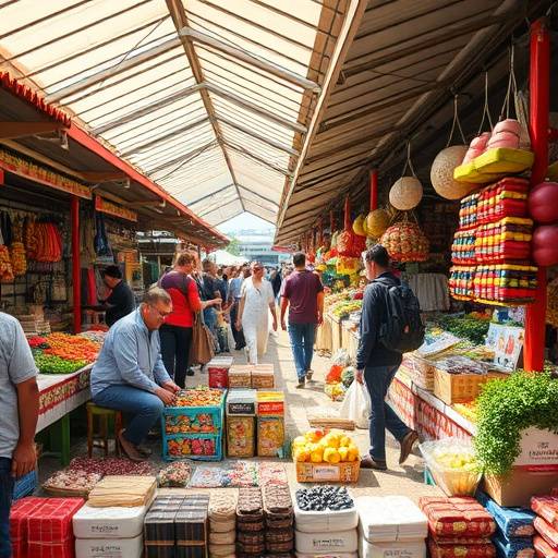 Levendige foto van een markt met diverse producten en verkopers